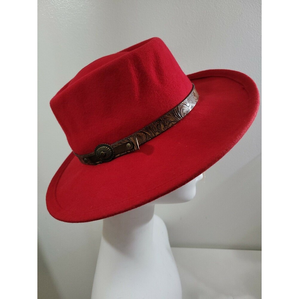 Betmar womens Red Wool Felt Fedora Panama Hat Tooled Leather Band